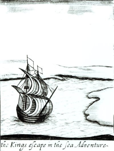 König Karl II. (1630-85) flieht aus England im Jahr 1651, veröffentlicht 1660 von English School